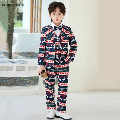 Boys Christmas Blazer Jacket Waistcoat Pants Wedding Suits Kids Morning Coat Formal Dress Children Tuxedos Toddler Clothes Sets