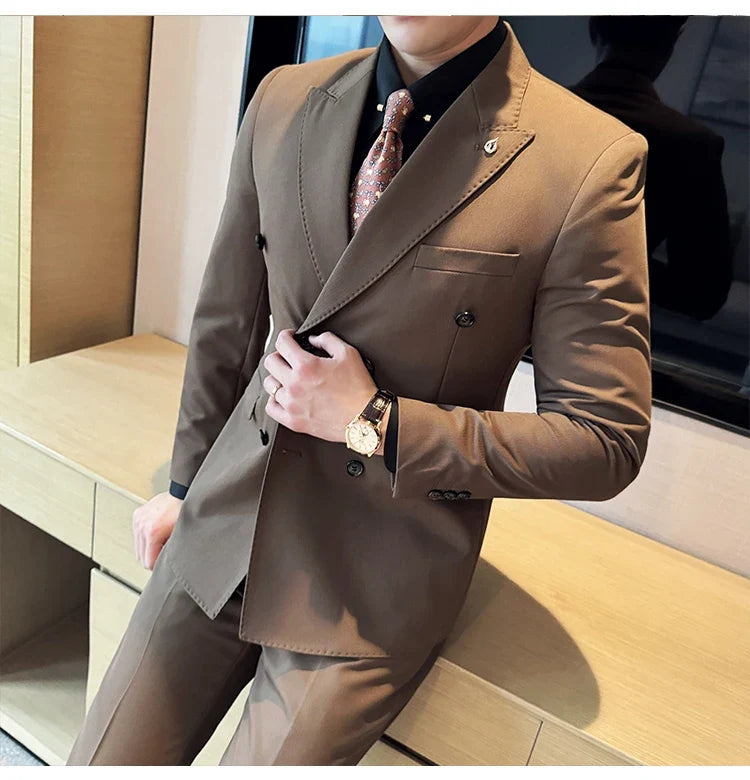 Men's Double Breasted Slim Fit Suit Set – Wedding & Smart Casual – Navy Blue, Brown, Black