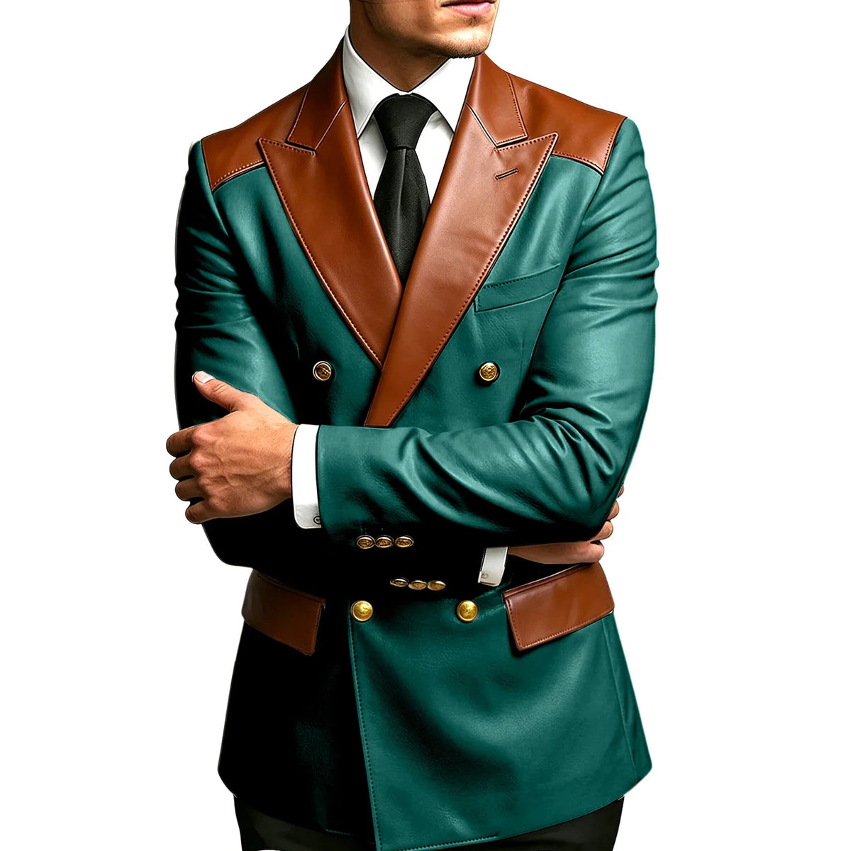 Luxury Men's Colorblock Leather Blazer Double Breasted Notched Lapel Business Casual Suit Jacket Fashion Formal Wear for Wedding