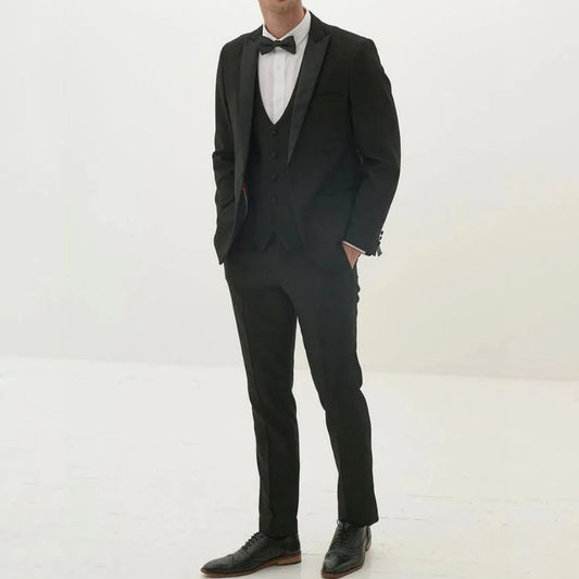 Men Suit 3 Piece Black Solid With Peaked Lapel Single Button For Wedding Banquet Birthday Party Business Daily Jacket Vest Pants