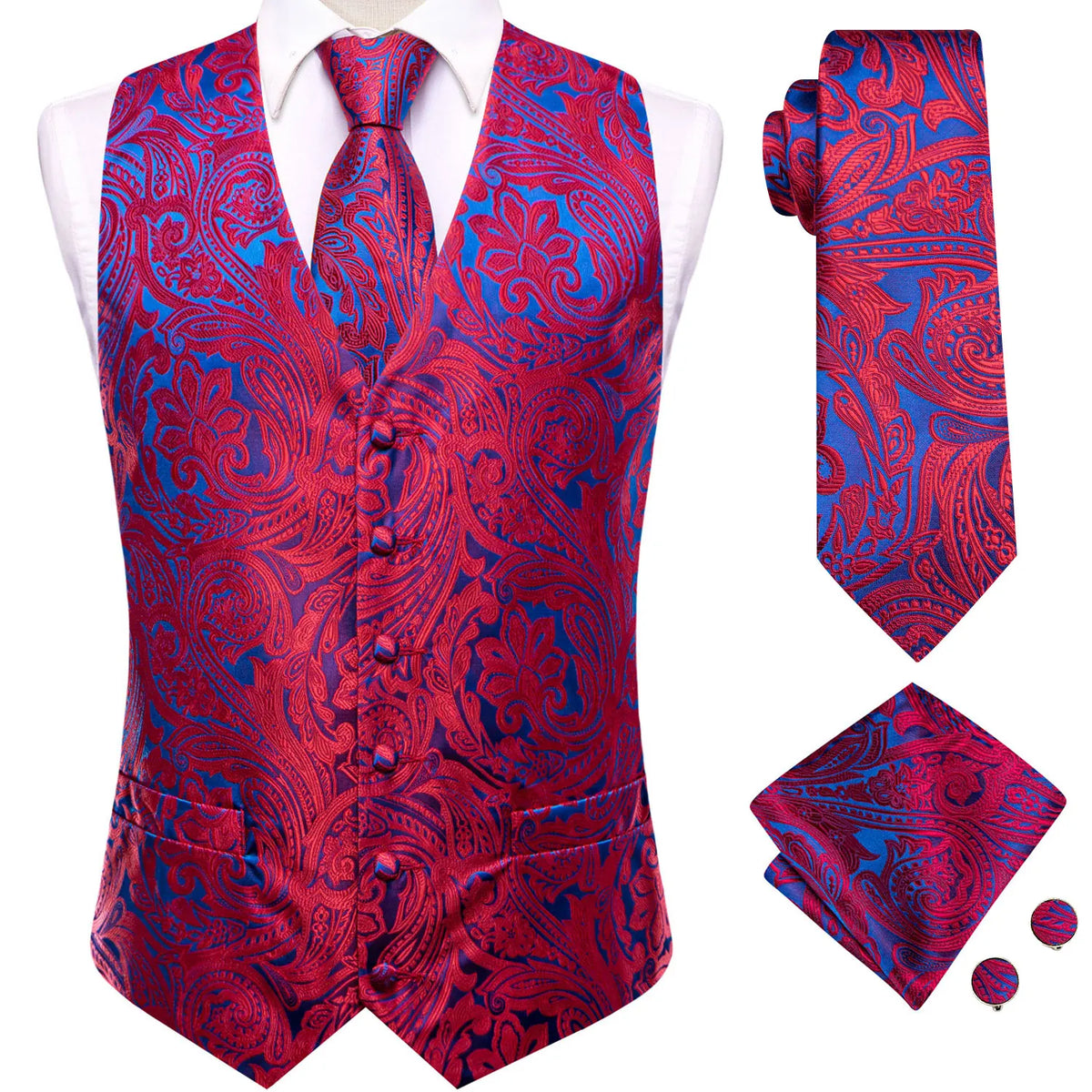 Men's Suit Vest Set Red Paisley Waistcoat with Tie Pocket Square Cufflinks for Weddings