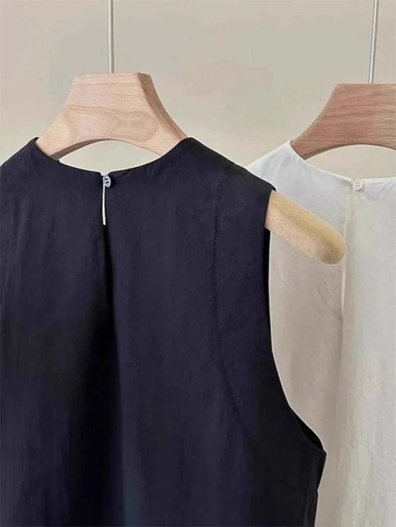 Korean Lady Fashion Solid Color Pullover Vest Shirt Summer Women Round Neck Sleeveless Spring Female Casual Short Waistcoat Tops
