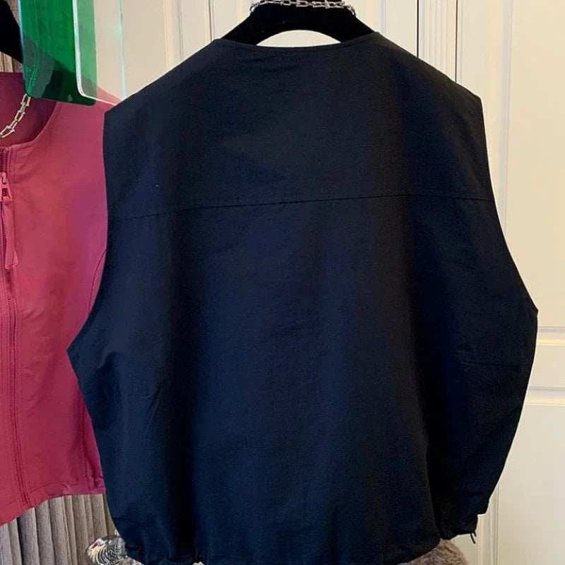 Women's Vest 2026 New Solid Color Round Neck Zipper Loose Sleeveless Jacket Vest Female Casual Tops Ladies Waistcoat Outerwear