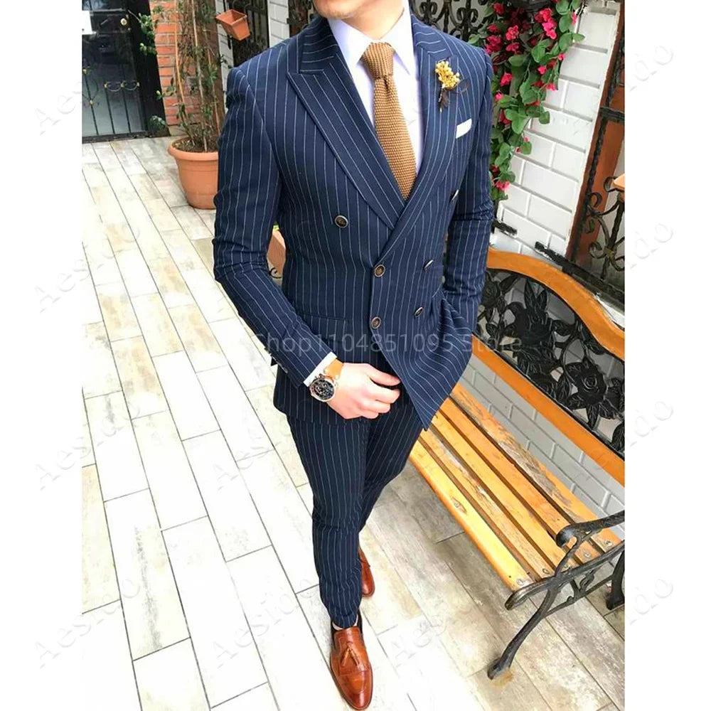 Black Striped Slim Fit Men's Tuxedo 2 Piece Business Set with Peak Lapel Double Breasted Blazer And Pants for Wedding Party Prom