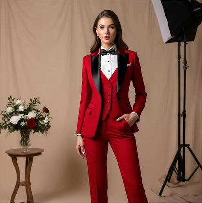 Red Women's Tuxedo Suit 3 Piece Jacket+Vest+Pant Tailored Blazer Set Custom Formal Outfit Bridesmaid Dress Business Office Suit