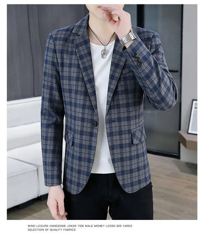 Men's Smart Casual Plaid Blazer – Single Breasted, Slim Fit, Spring Autumn