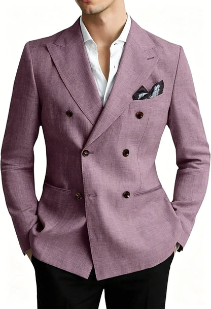 Men’s Linen Blend Suit Blazer Double Breasted Casual Peak Lapel British Style Jacket  Soft Breathable Men Suit For Summer Beach