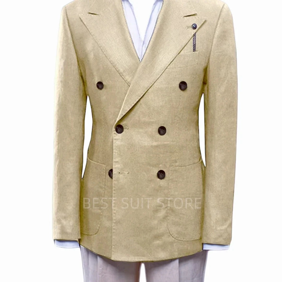 Summer White/Blue Slim Fit Men's Linen Blazer Casual Party Prom Peak Lapel Coat Spring Formal Wear Linen Suit Jacket Outwear