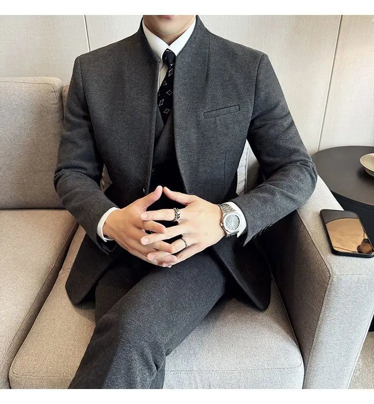 Men's 3-Piece Slim Fit Stand Collar Suit – Wedding, Prom & Office Formal Set