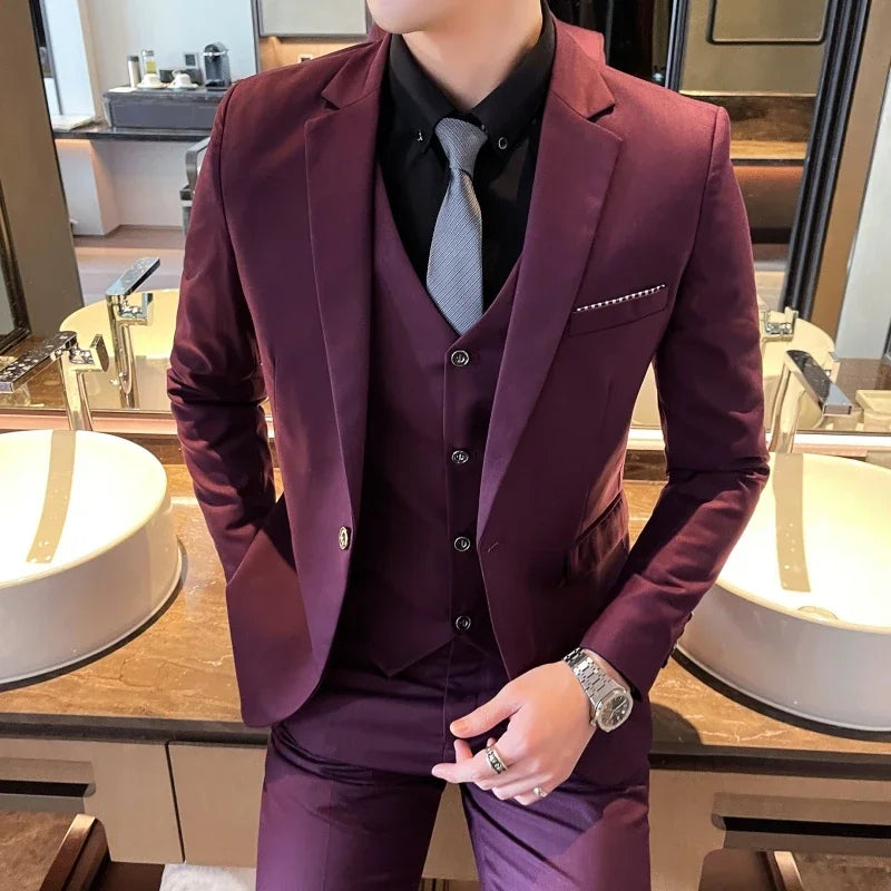 Suit (Blazer + Vest + Pants) Men's Smart Casual Business Formal Korean Style Banquet Suit