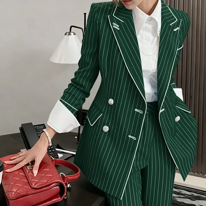 Slim-fit Women's Suit Modern Striped 2 Piece(Jacket+Pants) Set Classic Retro Blazer Daily Office Wear Business Formal Attire