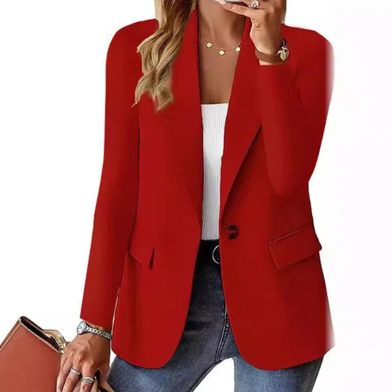 Women's Solid Color Single Button Blazer Autumn Long Sleeve Lapel Office Jacket Slim Fit Casual Workwear with Front Pockets