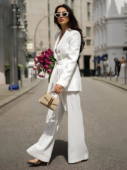 Elegant Shawl Lapel Women Suits Two Piece Summer Long Sleeves No Buttons Tuxedo Slim Casual Daily Pants Sets (Blazer+Pants)