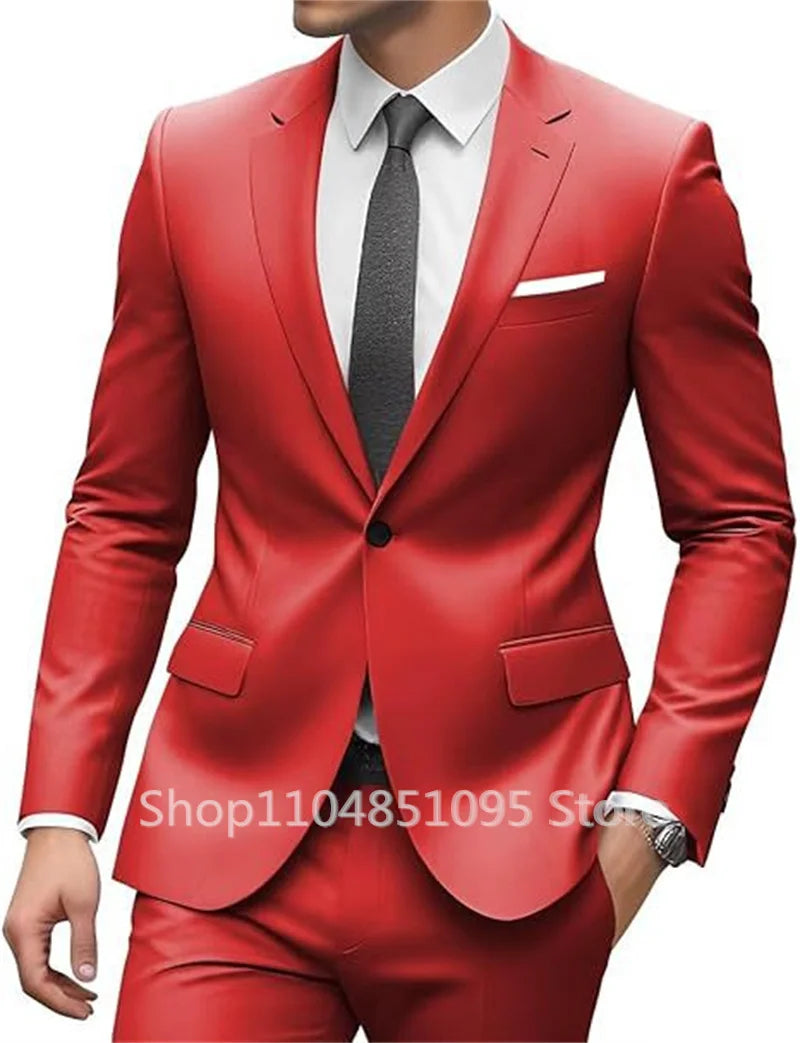 New Solid Slim Fit 2 Piece Wedding Men Suits Groom Tuxedos Formal Suit for Prom Party Busienss Best Man Notch Lapel Blazer Pants