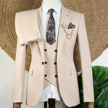 Men Suit Beige 3 Pieces Solid With Lapel For Wedding Groom Banquet Party Prom Business Work Office Daily Jacket Vest With Pants