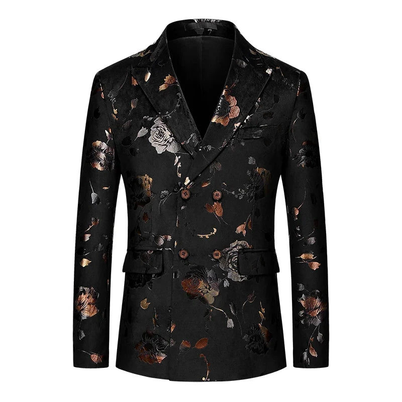 Men's Double Breasted Blazer Handsome Trend Casual Wedding Business Fashion High Quality Flowers Costume Homme De Luxe