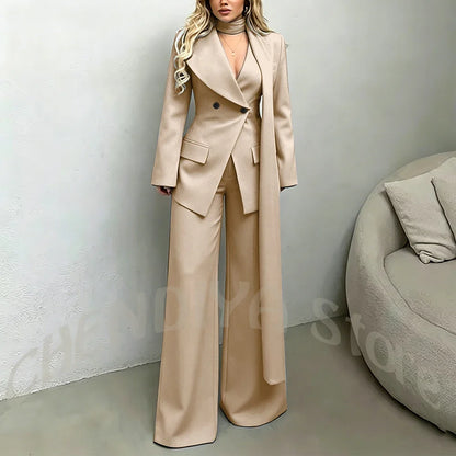 Classic Black Women Suit Set Double Breasted Asymmetrical Blazer Pants with Muffler Formal Office Elegant Two Piece Outfit