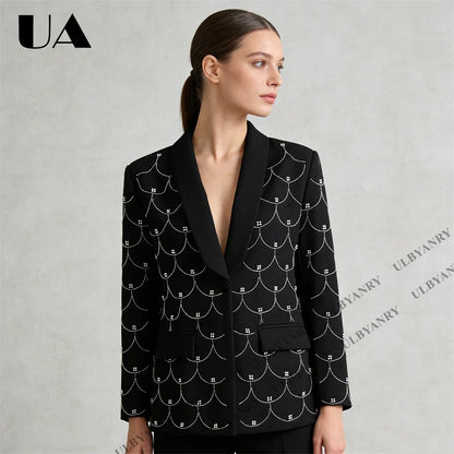 Women's Black Blazer with Silver Fish Scale Sequins, Slim Fit One Button Casual Business Jacket for Party Evening Prom