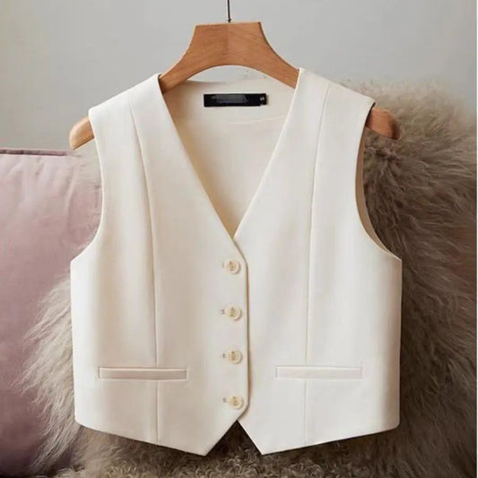 Women Fashion White Black Suit Vest New Short Style Sleeveless Jacket Office Lady V-Neck Casual Lined Blazers Vest Waistcoat