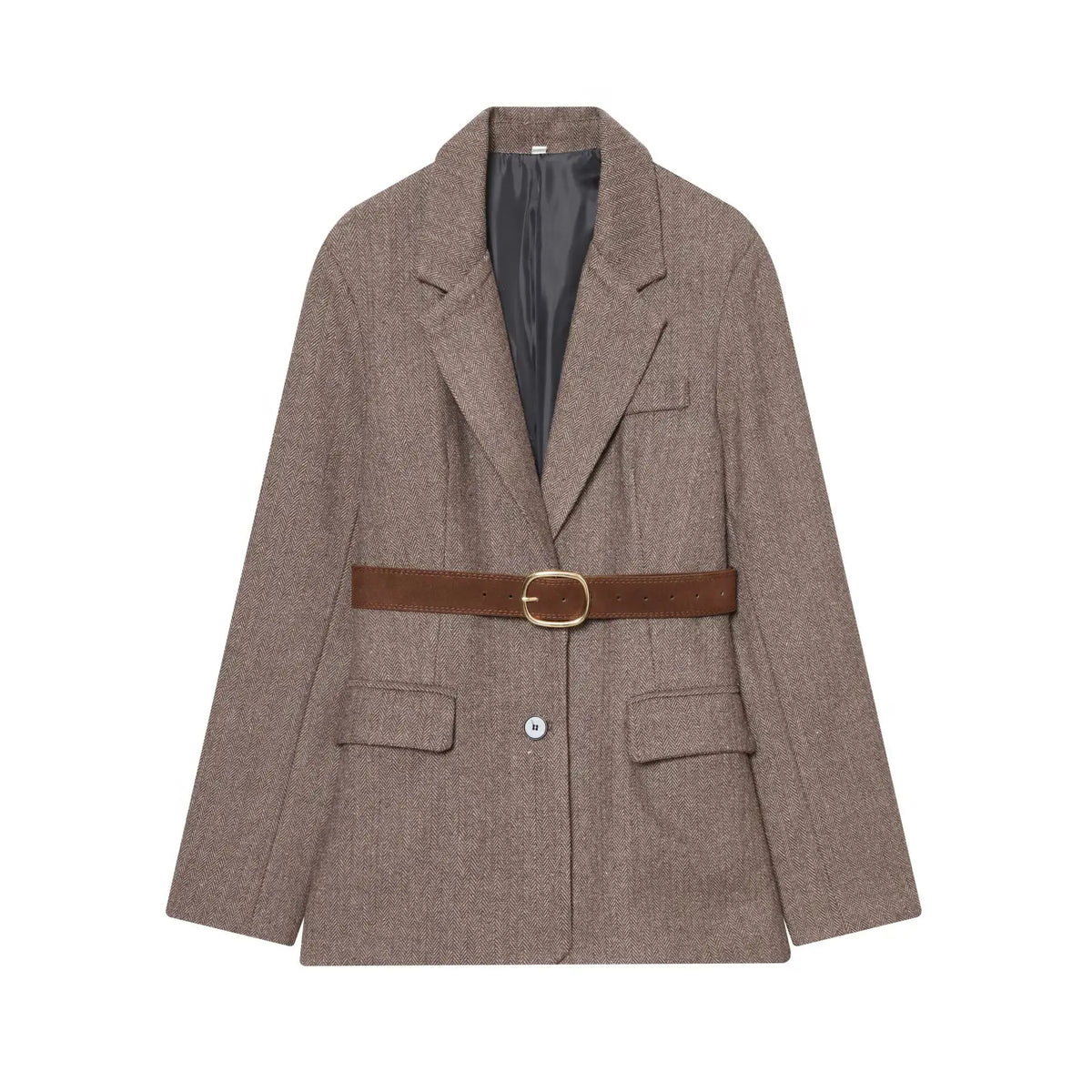 Woman Autumn Single Breasted Pocket Decoration Long Sleeves Lapel Herringbone Twill Blazer Female Fashion Casual Overcoat