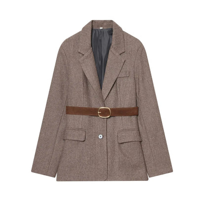 Woman Autumn Single Breasted Pocket Decoration Long Sleeves Lapel Herringbone Twill Blazer Female Fashion Casual Overcoat