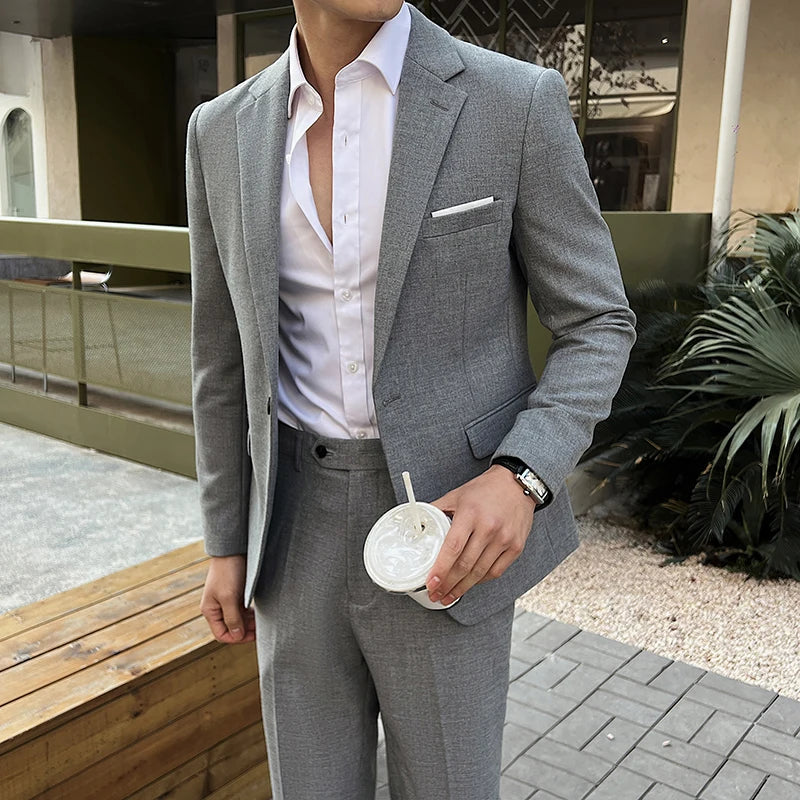 (Jacket +Pants) 2025 New Luxury Elegant Men's Suits 2 Piece Set Fashion Korean Casual Slim Fit Social Groom Wedding Tuxedo