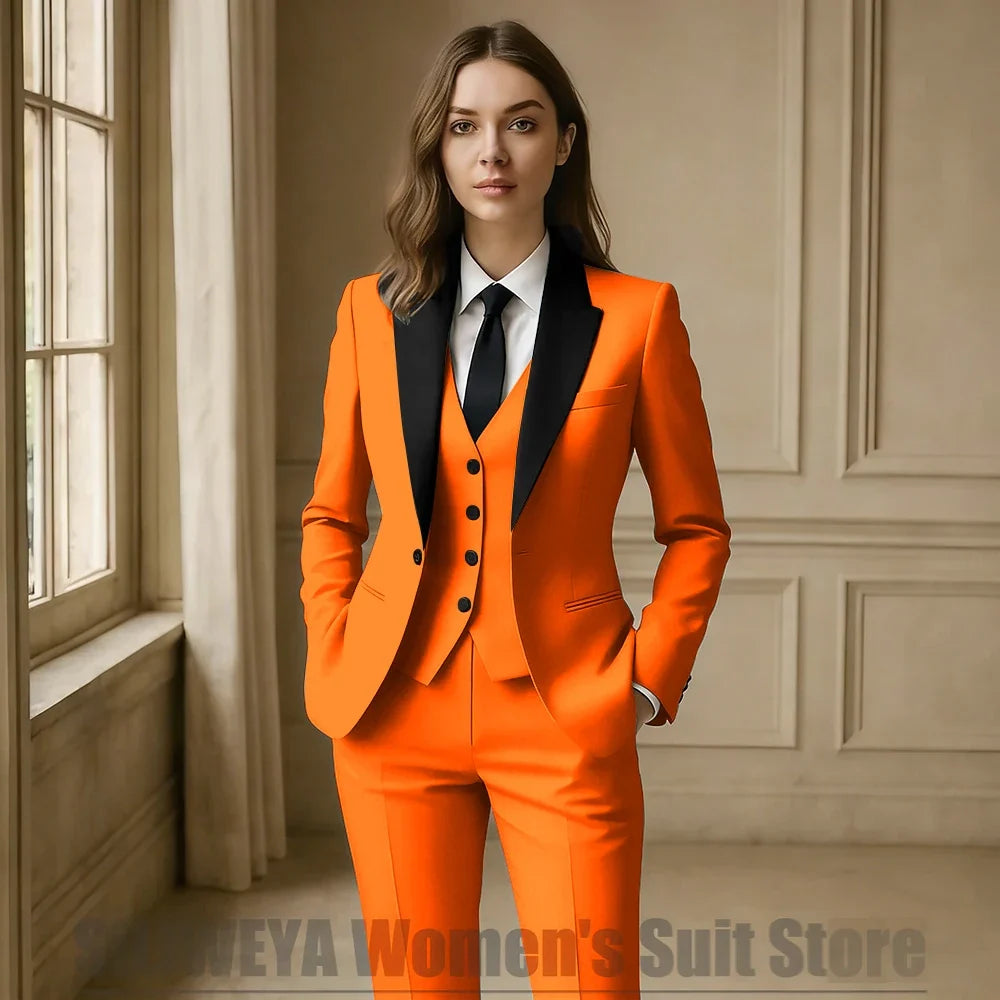 Women Royal Blue 3 Piece Tuxedo Suit Blazer Vest Pants with Black Lapel Slim Fit Formal Party Business Office Outfit