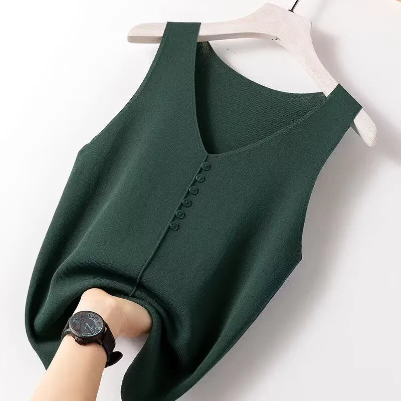 Summer Women's Tank Top Silk V-neck Wide Shoulder Strap Color Knitted Shirt Sleeveless Top Student Ice Silk Vest