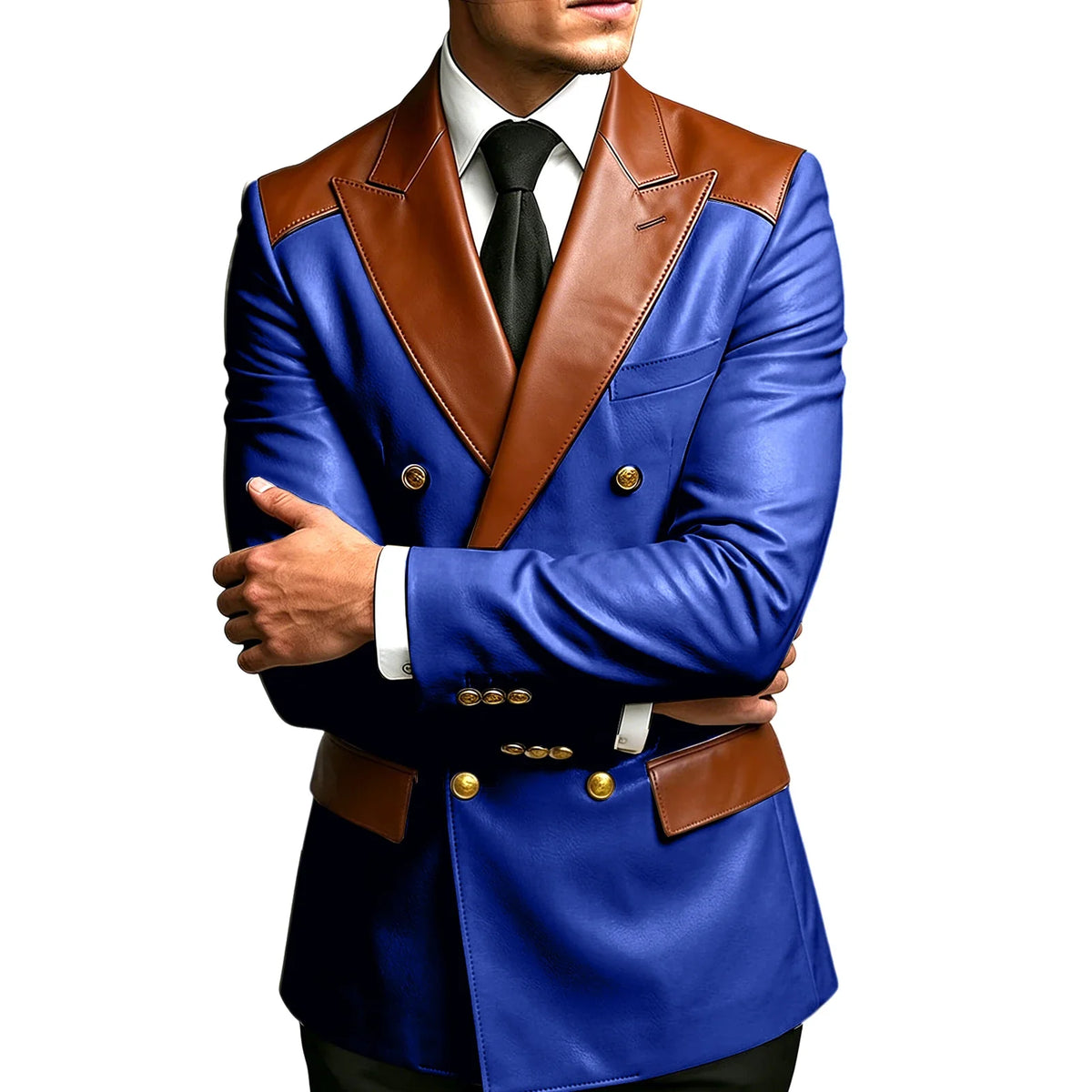 Luxury Men's Colorblock Leather Blazer Double Breasted Notched Lapel Business Casual Suit Jacket Fashion Formal Wear for Wedding