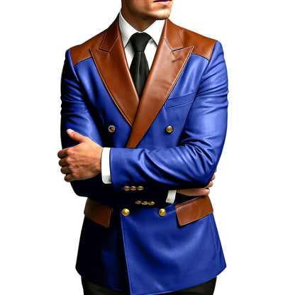Luxury Men's Colorblock Leather Blazer Double Breasted Notched Lapel Business Casual Suit Jacket Fashion Formal Wear for Wedding