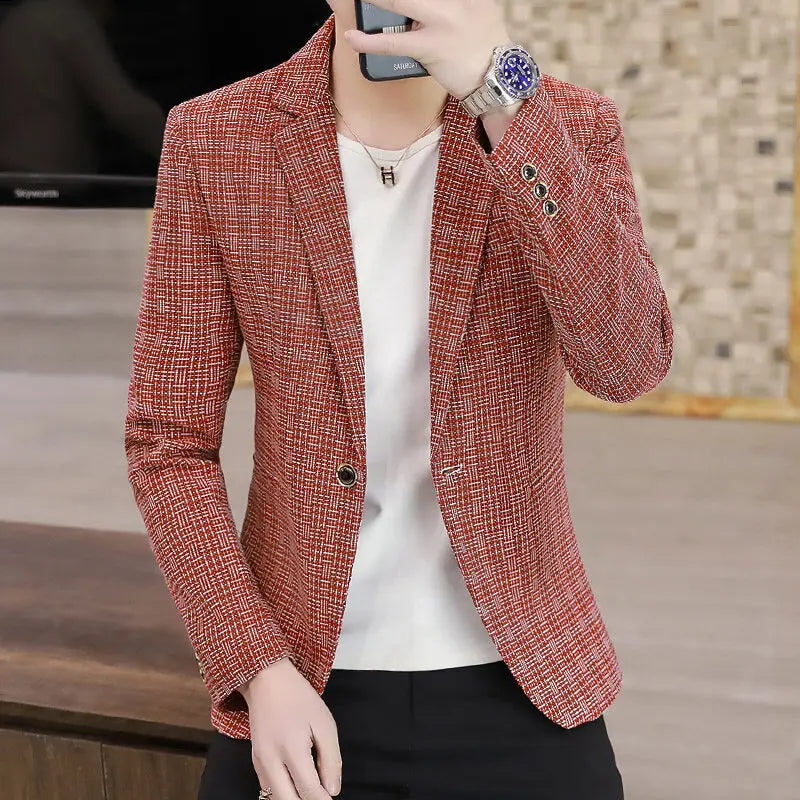 KIDWHXR Suit Coat Man British Style Striped Single-breasted Men Blazer Slim Long Sleeve Comfortable Male Casual Outerwear