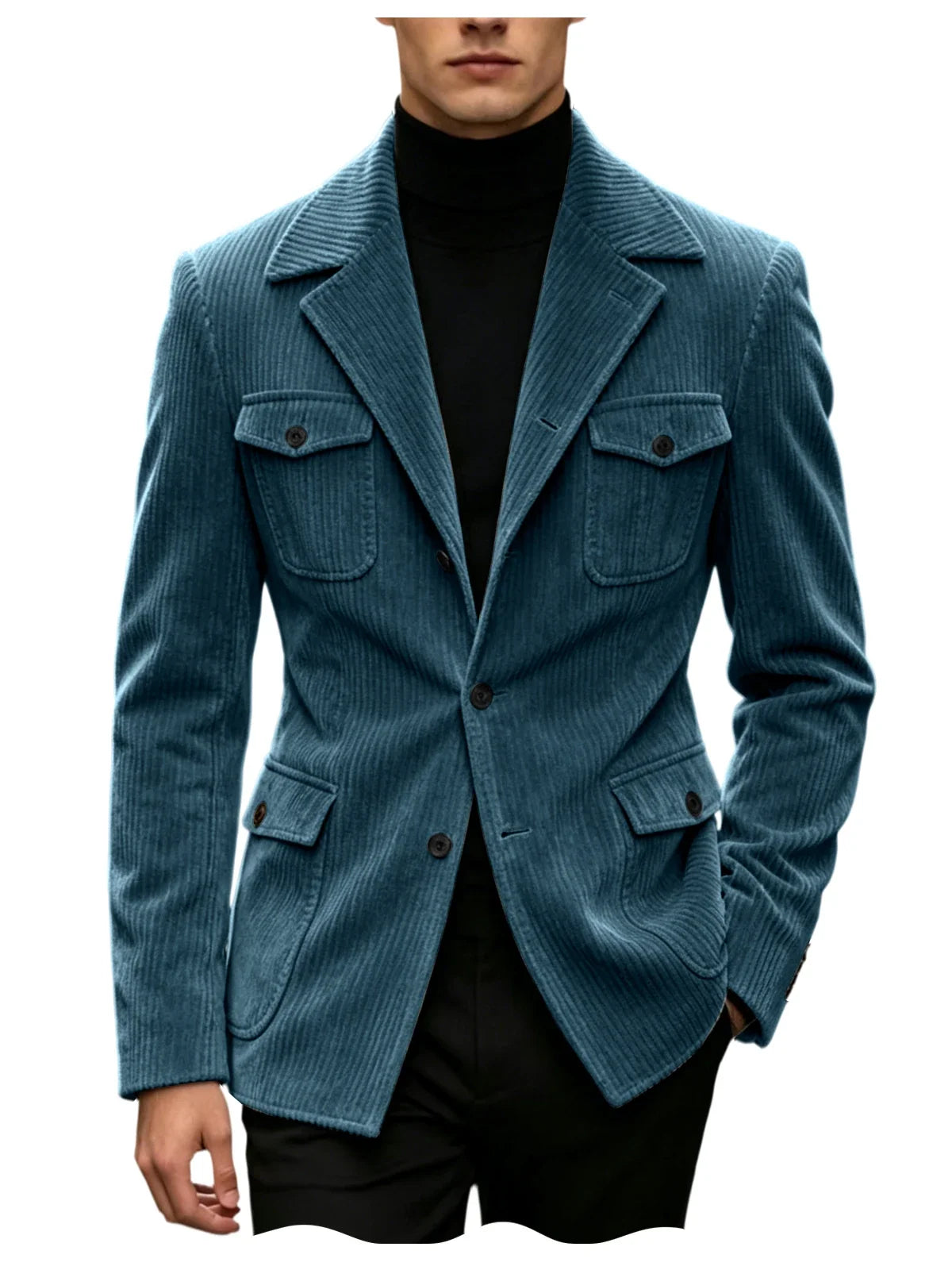 Men's Corduroy Blazer Jacket Slim Fit Notched Lapel Casual Business Coat With Four Flap Pockets For Daily Work Streetwear