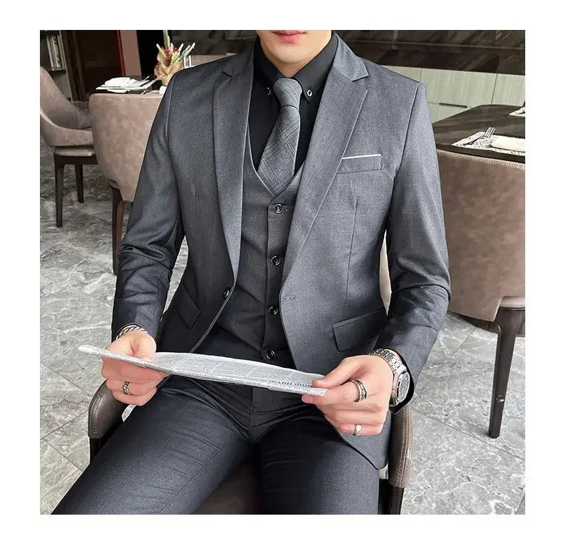 Suit (Blazer + Vest + Pants) Men's Smart Casual Business Formal Korean Style Banquet Suit