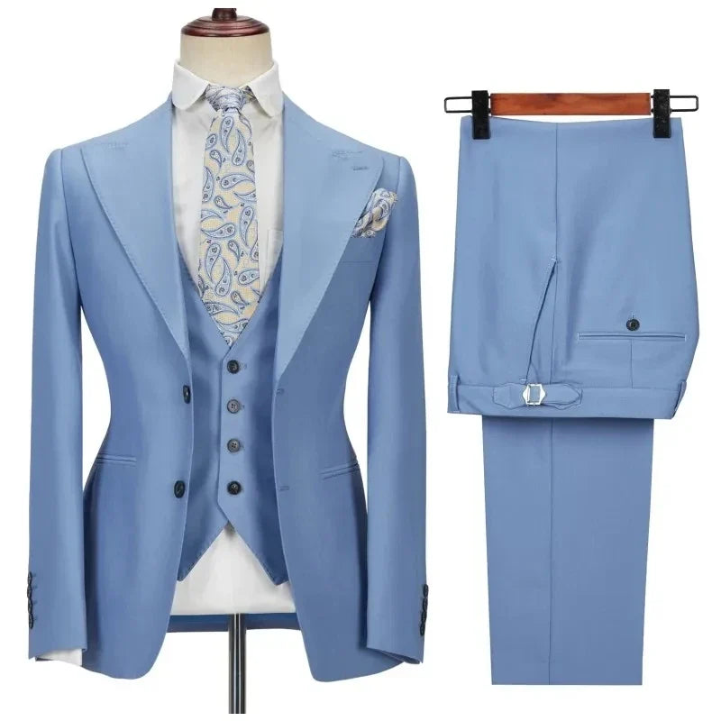 Navy Men's Suits 3 Pieces Side Slit Peaked Lapel Man Clothing Business Formal Wedding Groom Prom Dress Wear Blazer+Vest+Pants