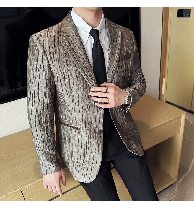 Korean Trend 3D Pleated Suit Jacket for Men Wedding Groom Business Dress Jacket Casual Banquet Party Host Blazer Masculino