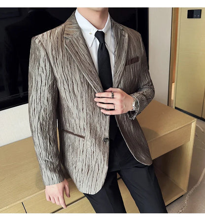 Korean Trend 3D Pleated Suit Jacket for Men Wedding Groom Business Dress Jacket Casual Banquet Party Host Blazer Masculino