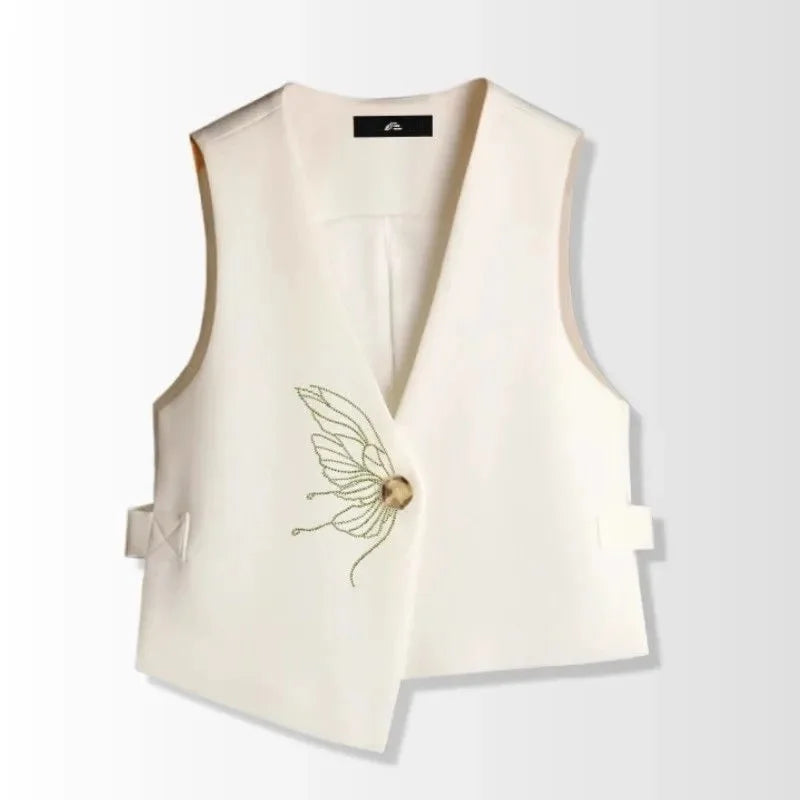 Retro Ladies Solid Color Sleeveless Coat Spring Autumn Women Fashion Embroidered Suit Waistcoat Top Female Irregular Vest Jacket
