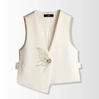 Retro Ladies Solid Color Sleeveless Coat Spring Autumn Women Fashion Embroidered Suit Waistcoat Top Female Irregular Vest Jacket