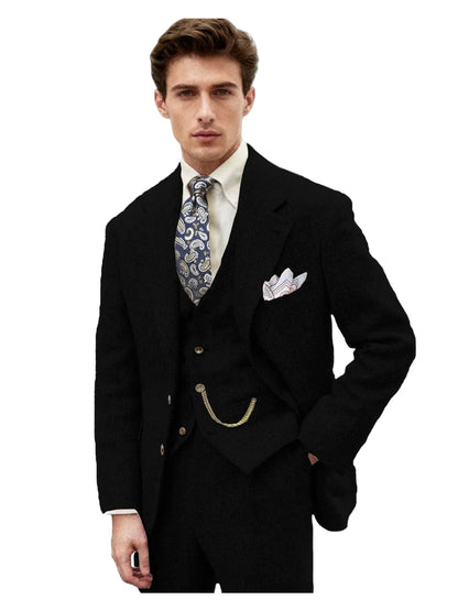 3 Piece Grey/Brown Mens Tweed Herringbone Wedding Suit Prom Tuxedos Peak Lapel Tweed for Business Slim Fit (Blazer+Vest+Pants)