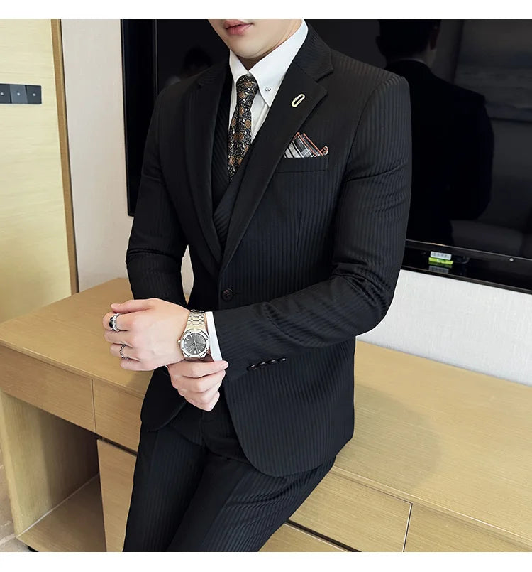 (Jackets+Pants+Vest) Luxury Stripe Men Suit Korean Version Fashion Elegant Slim Fit Tuxedo Formal Groom Wedding Social Suits
