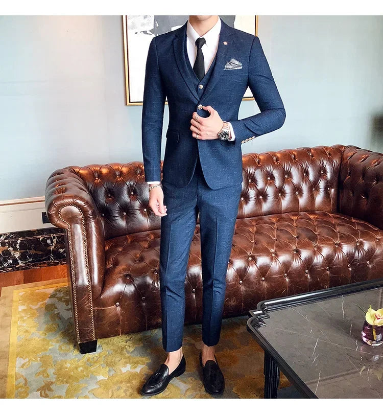 Men's 3-Piece Striped Formal Suit – Blazer, Vest & Trousers | Italian Style Business Gentleman