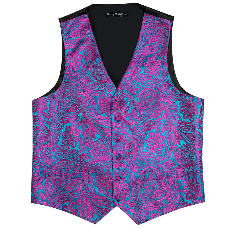 Men's Waistcoat Purple Embroidered Silk Vest with Tie and Pocket Square for Weddings and Formal Events