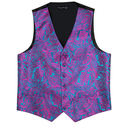 Men's Waistcoat Purple Embroidered Silk Vest with Tie and Pocket Square for Weddings and Formal Events
