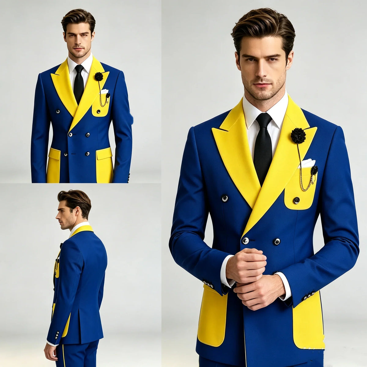 Men's Slim Fit Double Breasted Tuxedo Jacket Fashion Contrast Spliced Peak Lapel Wedding Groom Stage Formal Business Blazer