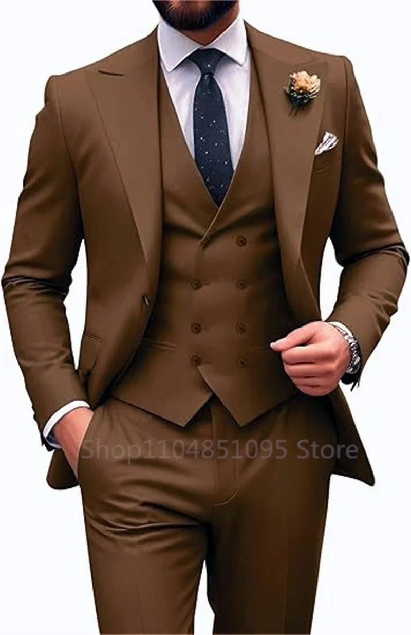 Costume de mariage beige 3 pièces pour homme, coupe slim, blazer, gilet et pantalon élégants, pour bal de promo ou cérémonie