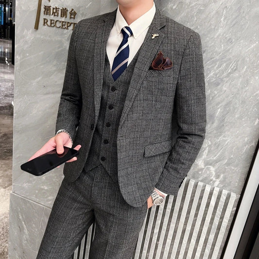 Men's Linen 3-Piece Slim Fit Suit | Peak Lapel Wedding Suit – Blue & Beige