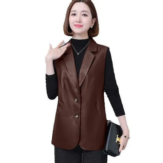 Leather Vests Women Slim Fit Mid Long Casual PU Leather Vest Female 2025New Fashion Sleeveless Waistcoat black Jacket Women Coat
