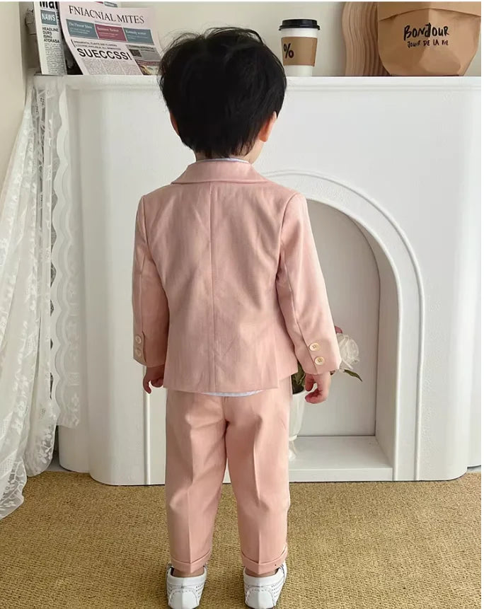 Kids 5Pieces Pure Pink Suit Set With Jacket Vest Pants Bowtie Brooch Boys Wedding Birthday Party Piano Performance Costume