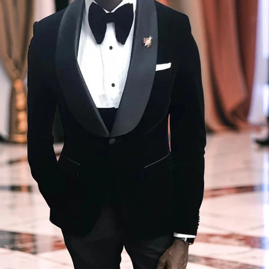 Costume de mariage en velours noir 3 pièces, costume africain pour homme, pour bal de promo, coupe ajustée, veste, gilet et pantalon