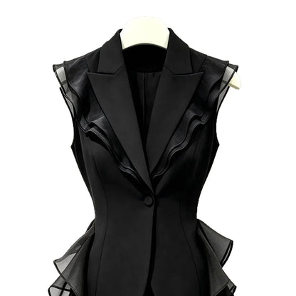 2026 New Black Suit Vest Female Summer Korean Fashion Spliced Flounces Sleeveless Blazers Jacket Waistcoat Women Outerwear Tops